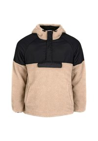Fleece-Pullover mit einem schwarzen Nylon-Oberteil, beigem flauschigen Körper, halbem Reißverschluss vorne und verstellbarem Kapuzenbereich. Mit einer rechteckigen Brusttasche.
