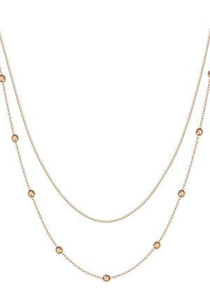 Gold-tone layered necklace featuring a smooth chain and spherical beads along the lower strand. Elegant and minimalist design.