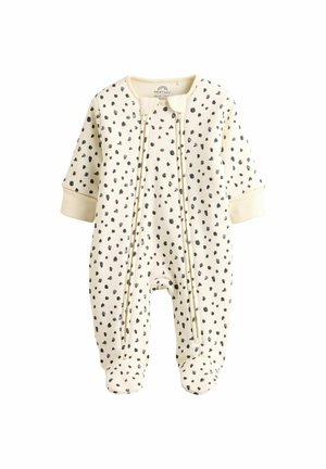 Cremefarbener Overall mit schwarzen Punkten, ausgestattet mit einem Zweirichtungs-Reißverschluss, langen Ärmeln und einem Fußdesign. Aus weichem Baumwollstoff, lässiger Stil.