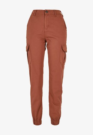 Cargo pants in rust color, made of cotton blend. Features elastic cuffs, side pockets, and a button closure at the waist.