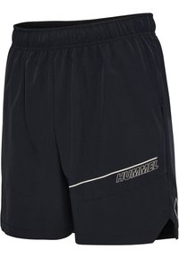 Black athletic shorts with elastic waistband, side pockets, white "HUMMEL" logo, and small side slits.