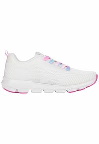 Weiße Sportschuhe mit einem strukturierten Mesh-Obermaterial, pinken und blauen Schnürsenkeln sowie einer gepolsterten Sohle mit pinken Akzenten an der Unterseite.