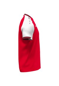Polo shirt a maniche corte rosso e bianco con colletto a contrasto, abbottonatura e una texture di tessuto liscia.