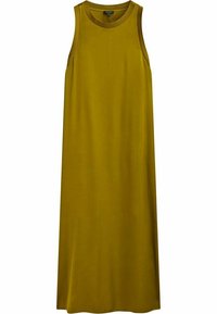 Robe longue sans manches de couleur vert olive avec une texture lisse et des coutures côtelées aux épaules. Design simple sans motifs ni accents.