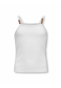 Top bianco senza maniche con tessuto testurizzato, spalline sottili e perline di legno decorative sulle spalline. Design aderente, senza motivi.