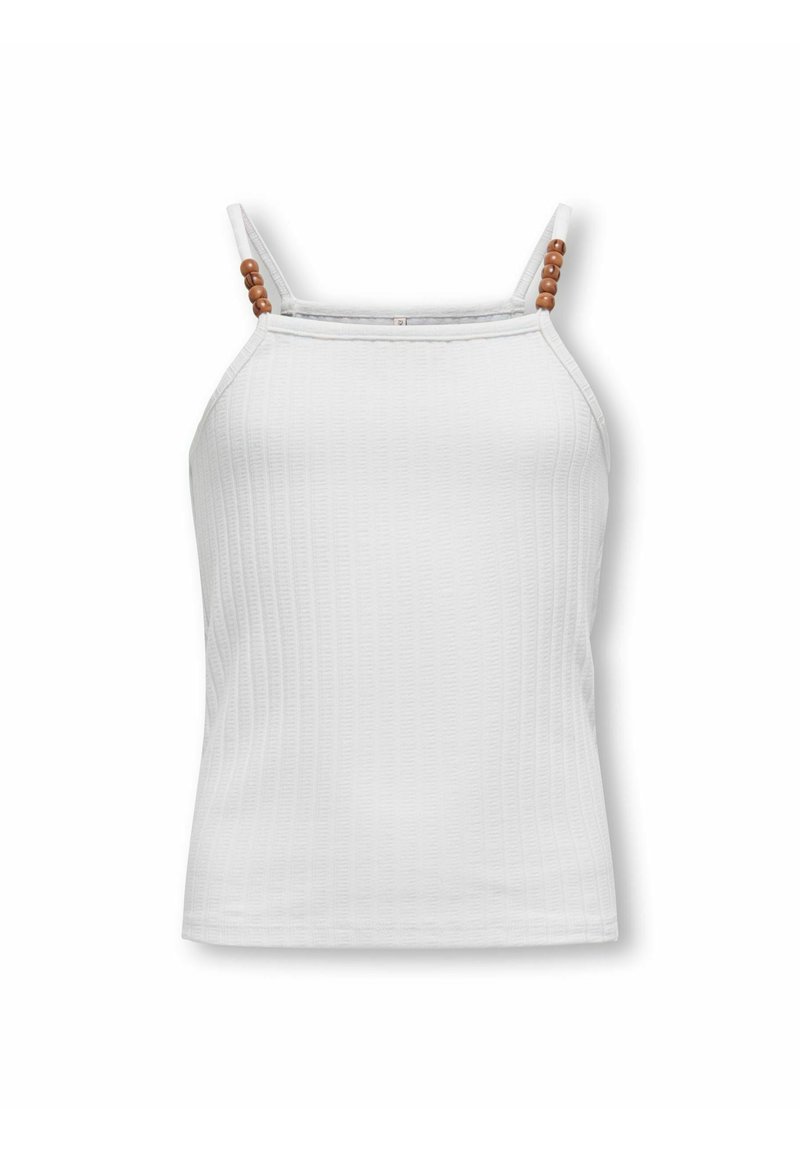 Top bianco senza maniche con tessuto testurizzato, spalline sottili e perline di legno decorative sulle spalline. Design aderente, senza motivi.