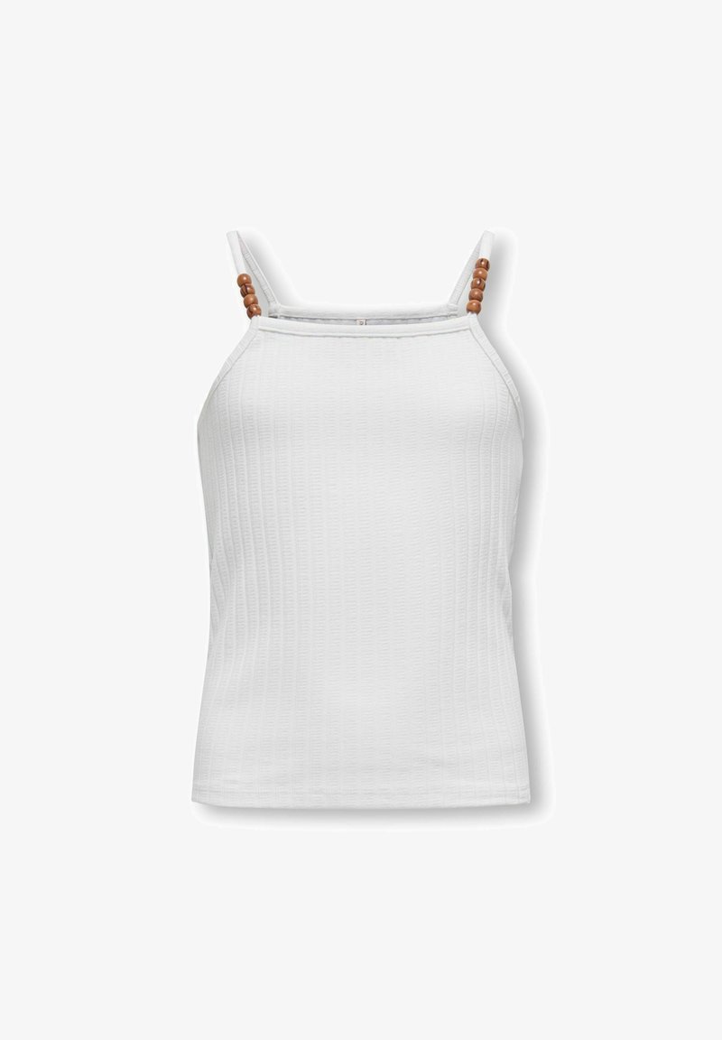 Top bianco senza maniche con tessuto testurizzato, spalline sottili e perline di legno decorative sulle spalline. Design aderente, senza motivi.