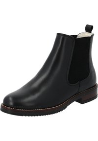 Czarne skórzane botki Chelsea z gładką powierzchnią, elastycznymi bocznymi panelami, pętlą do zakładania oraz teksturowaną gumową podeszwą z drewnianym akcentem na obcasie.