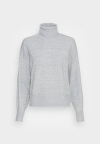Hellgrauer Rollkragenpullover aus weichem Strickmaterial. Mit gerippten Bündchen und Saum, locker sitzend und minimalistischem Design.