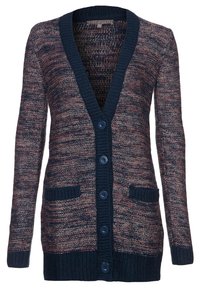 Cárdigan de punto azul marino y rosa con escote en V, seis botones, dos bolsillos delanteros y puños y dobladillo con canalé. Patrón texturizado en todo el tejido.