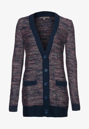 Granatowy i różowy dziergany kardigan z dekoltem w serek, sześcioma guzikami, dwiema przednimi kieszeniami oraz ściągaczami przy mankietach i u dołu. Wzór teksturowany na całej powierzchni.