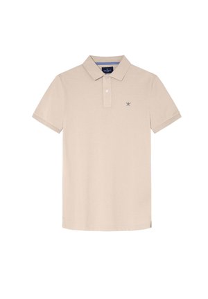 Beige Poloshirt aus Baumwollstoff, mit Kragen, kurzen Ärmeln und einem kleinen blauen Logo auf der Brust.