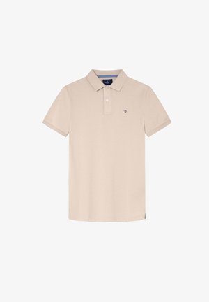 Beige polo-shirt lavet af bomuldsstof, med krave, korte ærmer og et lille marineblåt logo på brystet.