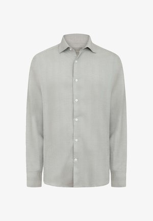 Helles graues Langarmhemd aus einem strukturierten Stoff. Es verfügt über einen klassischen Kragen, eine Knopfleiste und ein gerades Design.