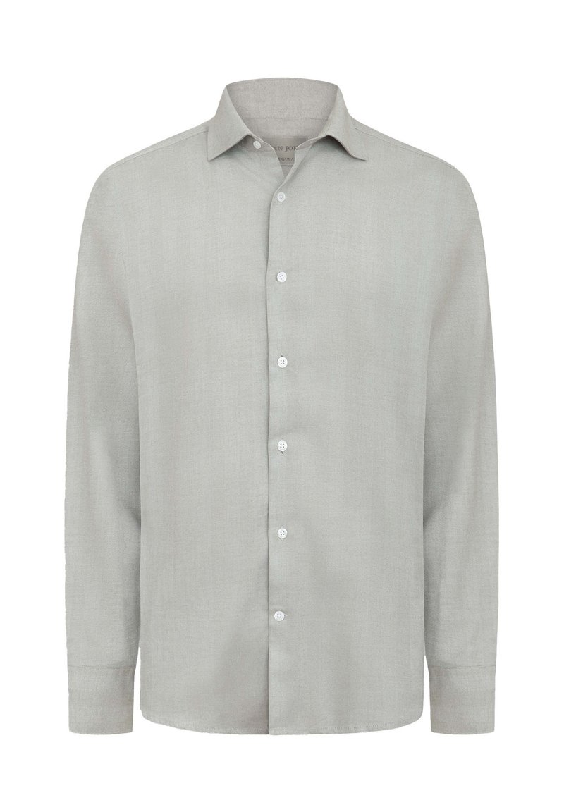 Jasnoszara koszula z długim rękawem, wykonana z teksturowanej tkaniny. Posiada klasyczny kołnierzyk, zapięcie na guziki oraz prosty krój.