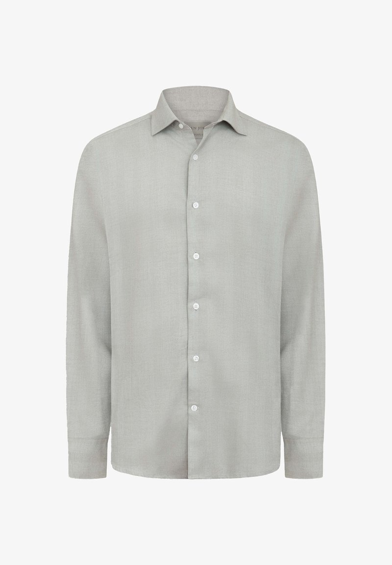 Jasnoszara koszula z długim rękawem, wykonana z teksturowanej tkaniny. Posiada klasyczny kołnierzyk, zapięcie na guziki oraz prosty krój.