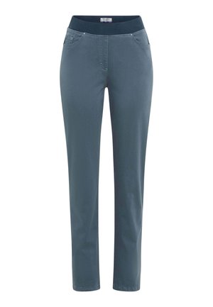 Blaue Hose mit dehnbarem Bund, geradlinigem Design, ausgestattet mit vorderen Taschen und einer glatten Textur. Keine sichtbaren Muster oder Akzente.