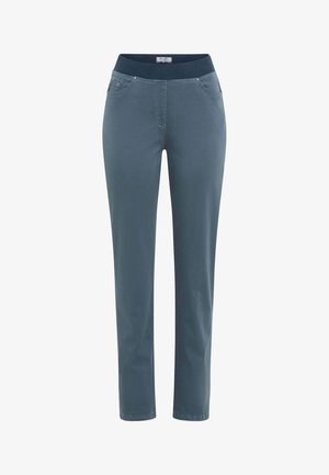 Blaue Hose mit dehnbarem Bund, geradlinigem Design, ausgestattet mit vorderen Taschen und einer glatten Textur. Keine sichtbaren Muster oder Akzente.