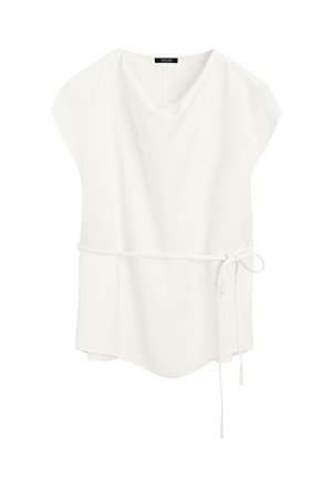 White top made of smooth fabric, featuring a v-neckline, short sleeves, and a tie belt at the waist. Straight cut with rounded hem.