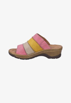 Multicolored slide sandal with pink, yellow, and beige leather strips. Contoured brown rubber sole and stitched detailing along edges.