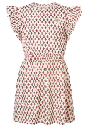 Hvid kjole til piger med pink og olivengrønt blomstermønster, flæseærmer, elastisk talje og lille hjerteformet logo på brystet.