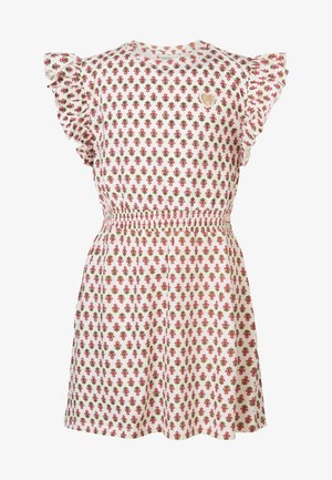 Vestito bianco da ragazza con motivo floreale rosa e oliva, maniche corte arruffate, vita elastica e piccolo logo a forma di cuore sul petto.