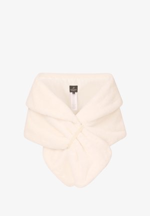 White faux fur wrap with a folded design and pearl accent. Soft texture and smooth finish, ideal for warmth and elegance.