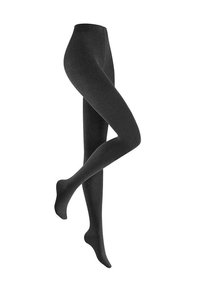 Schwarze blickdichte Strumpfhosen aus dehnbarem Material, mit glatter Textur, Ganzkörperdesign und nahtlosem Finish.