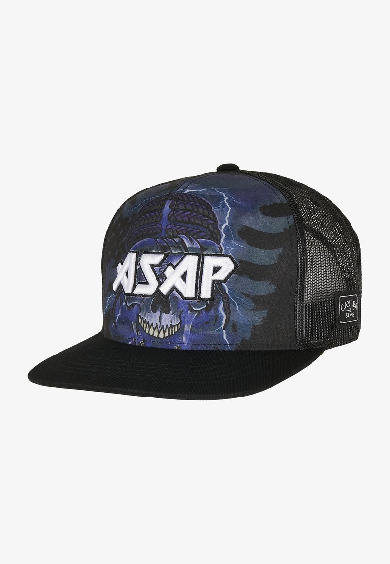Black trucker cap with a blue graphic design featuring a skull, lightning, and the letters "ASAP" in white. Mesh back for ventilation.