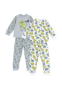 Trois ensembles de pyjamas pour enfants avec des motifs de dinosaures. Haut à manches longues gris avec texte vert, pantalons blancs et gris, designs colorés.