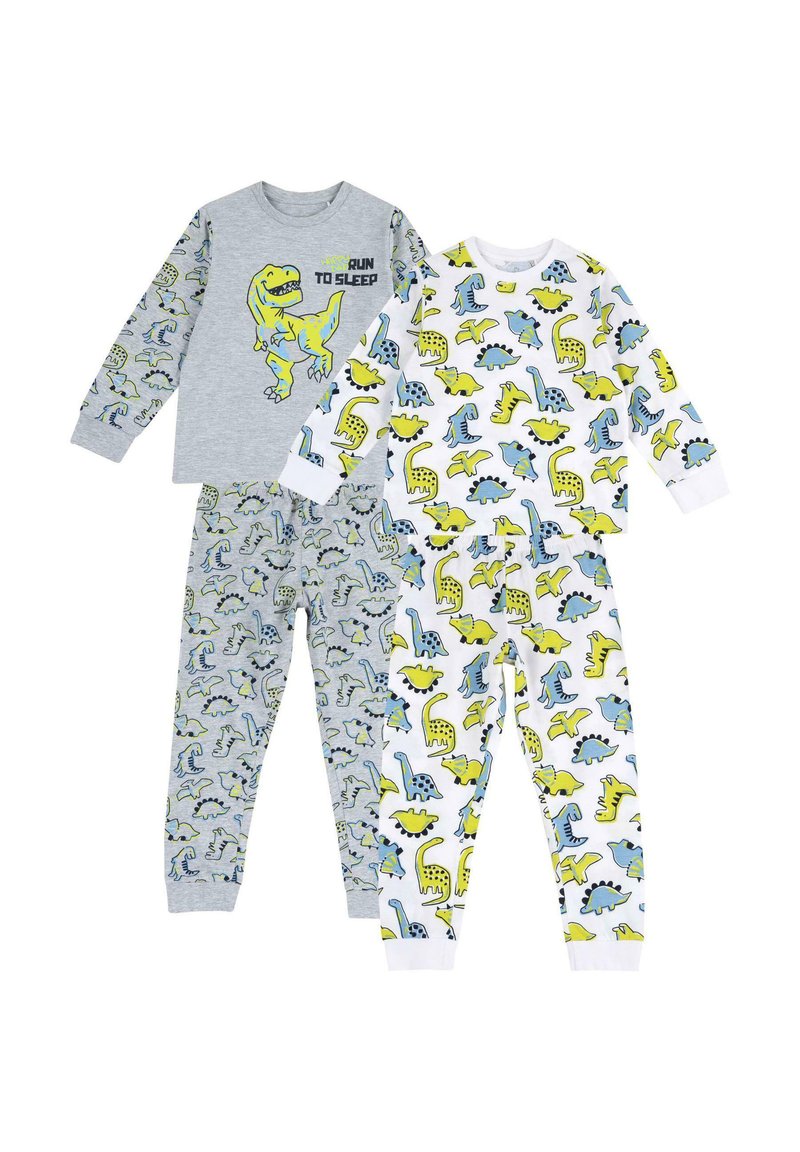 Trois ensembles de pyjamas pour enfants avec des motifs de dinosaures. Haut à manches longues gris avec texte vert, pantalons blancs et gris, designs colorés.