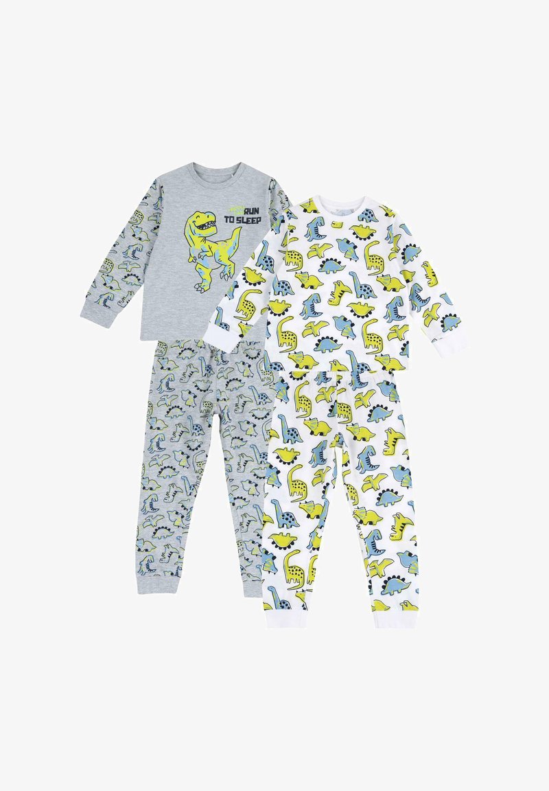 Three sets of children's pajamas featuring dinosaur patterns. Gray long-sleeve top with green text, white and gray pants, colorful designs.