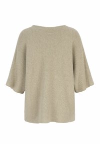 Beiger gestrickter Kurzarmpullover mit lockerem Schnitt und U-Boot-Ausschnitt, von hinten auf weißem Hintergrund gezeigt.