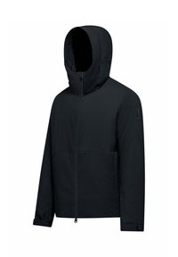 Giacca nera con cappuccio realizzata in materiale morbido e leggero; presenta una zip frontale, due tasche laterali e un design minimale senza loghi visibili.