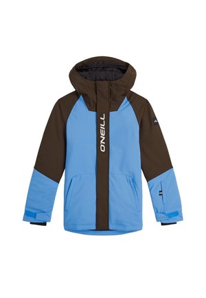 Veste d'hiver à capuche bleu et marron foncé avec poches avant, sangles aux poignets et logo "O'NEILL" sur la protection de la fermeture éclair avant.