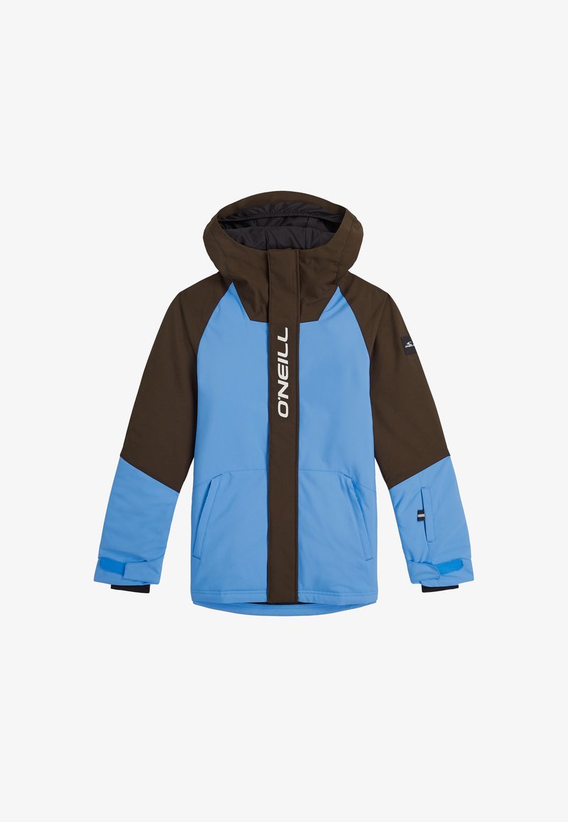 Veste d'hiver à capuche bleu et marron foncé avec poches avant, sangles aux poignets et logo "O'NEILL" sur la protection de la fermeture éclair avant.