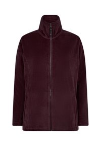 Burgunderfarbene Fleece-Jacke mit hohem Kragen und durchgehendem Reißverschluss. Verfügt über lange Ärmel und Seitentaschen, durchgehend glatte Textur.