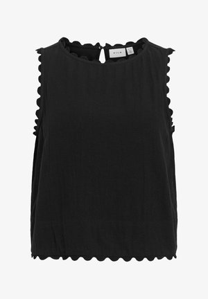 Crna bezrukavna bluza s valovitim rubovima duž izreza za vrat, pazuha i ruba, s malim kopčanjem na leđima s gumbom i otvorom.