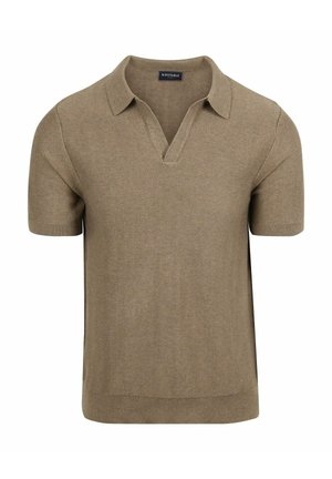Beige polo met korte mouwen, voorzien van een gestructureerd visgraatpatroon en een open kraag, weergegeven op een witte achtergrond.