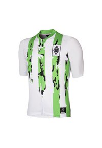 Korte mouwen fietsjersey met een witte basis en groene en zwarte abstracte patronen, een rits aan de voorkant en een logopatch bij de hals.