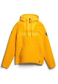 Yellow fleece hooded pullover with a front pocket, half-zip opening, and embroidered logo. Soft texture and warm design.