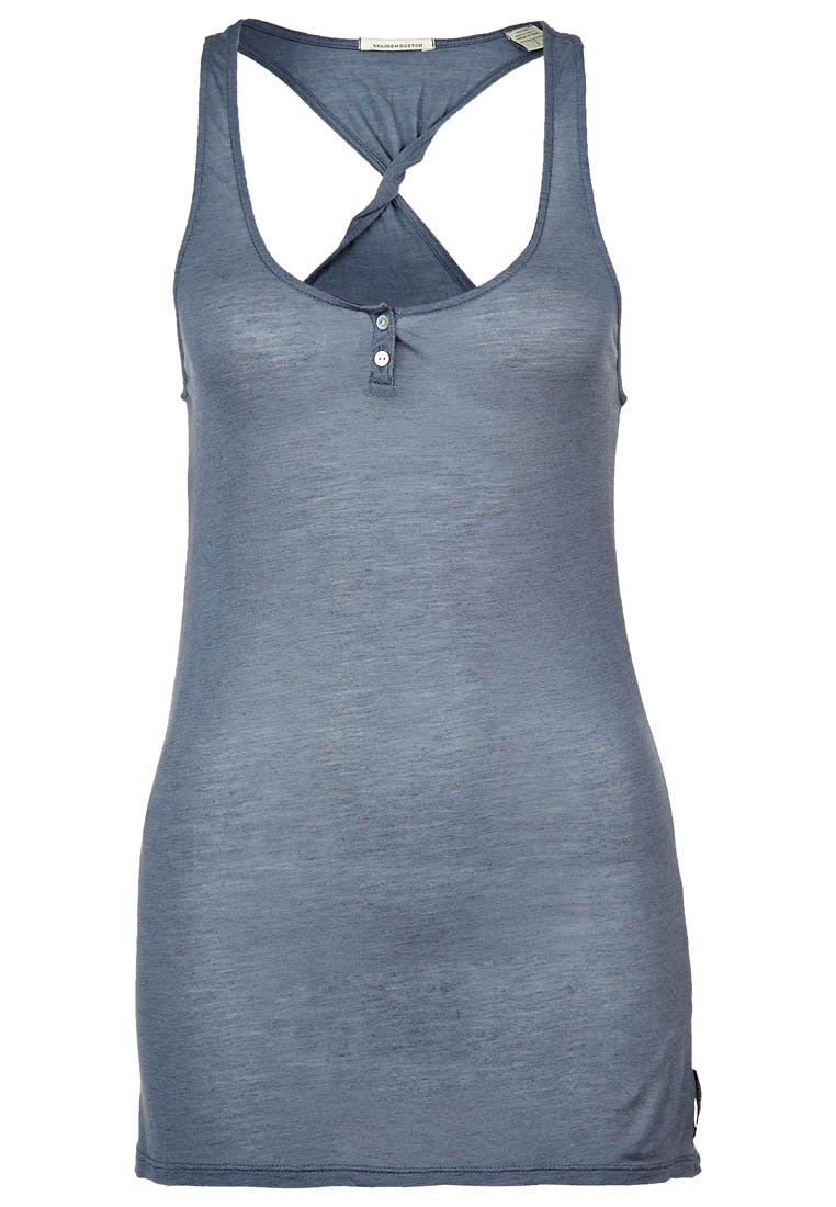 Marineblauw tanktop gemaakt van lichtgewicht stof, met een gedraaide achterkant, een ronde halslijn en drie decoratieve knopen aan de voorkant.