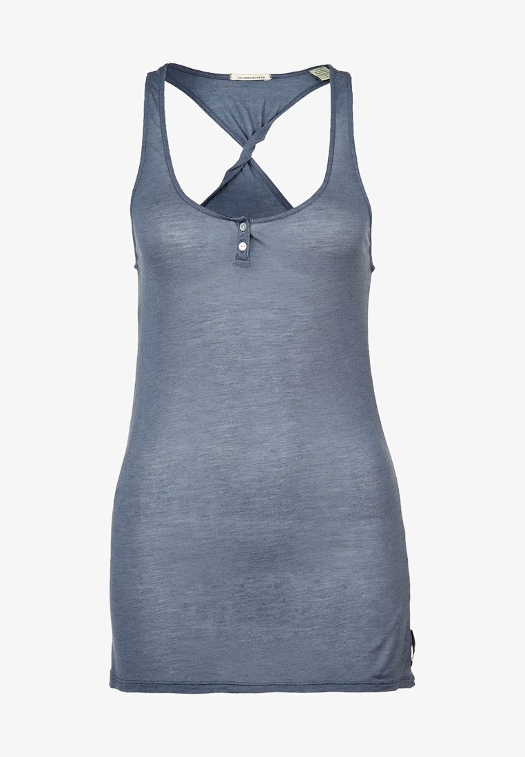 Navy blue tank top made from lightweight fabric, featuring a twisted back, a scoop neckline, and three decorative buttons at the front.