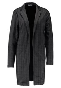 Veste grise à chevrons avec manches longues, devant ouvert, deux poches plaquées à l'avant et col cranté. Texture lisse, coupe ajustée.