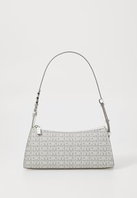 Gray DKNY shoulder bag featuring a logo pattern, structured shape, silver hardware, and a thin adjustable strap with a clasp.
