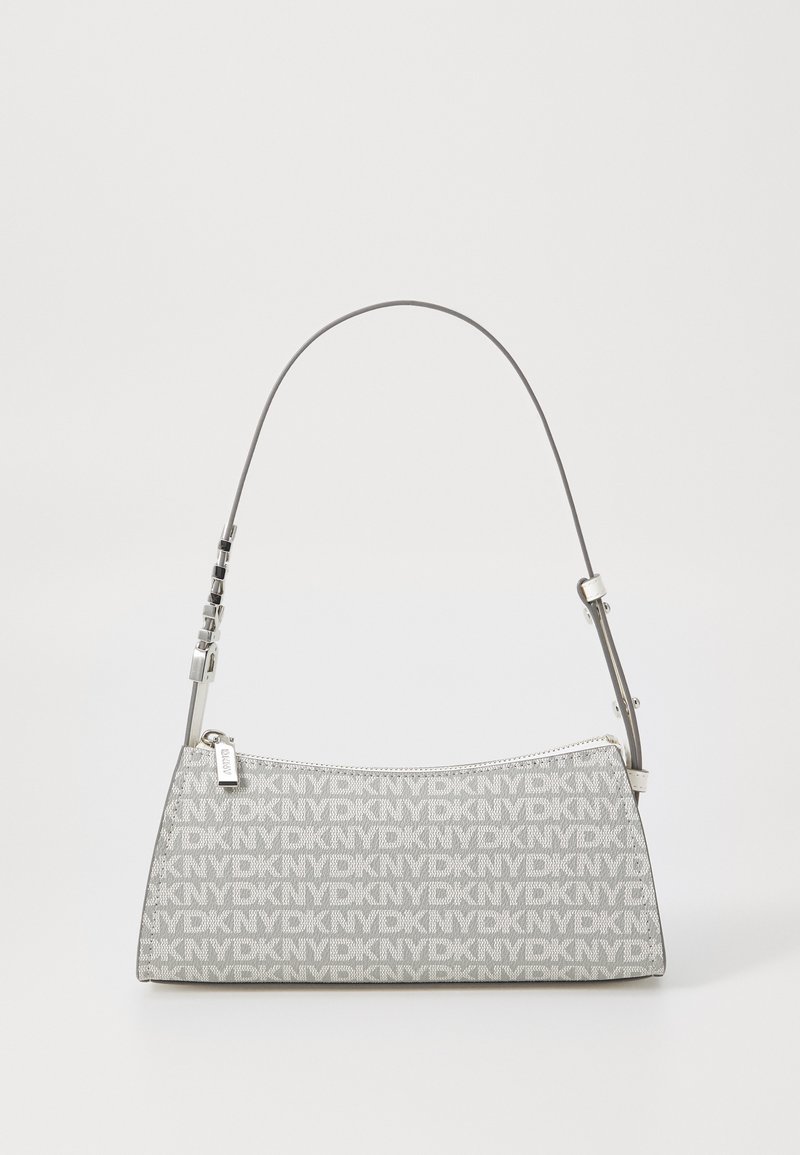 Gray DKNY shoulder bag featuring a logo pattern, structured shape, silver hardware, and a thin adjustable strap with a clasp.