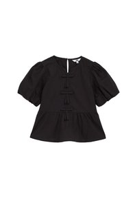 Črna peplum bluza s kratkimi napihnjenimi rokavi, ki ima dekorativne vezave spredaj in ključavnico na hrbtni strani. Bombažna tkanina, gladka tekstura.