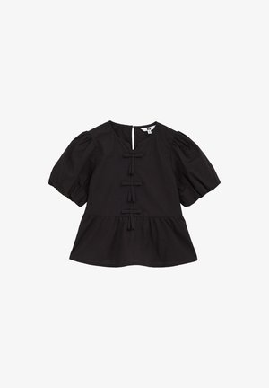 Top peplum negru cu mâneci scurte tip puff, având detalii decorative sub formă de snururi în față și închidere cu deschidere în formă de cheie la spate. Fabricat din bumbac, cu o textură netedă.