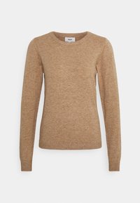 Light brown sweater made of soft knit material. Features a round neckline and long sleeves with ribbed cuffs and hem.