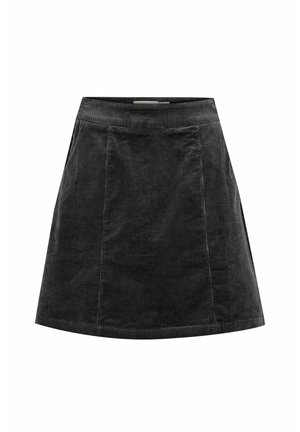 Gonna mini in velluto a coste nera con design svasato, caratterizzata da una texture a righe verticali, tasche laterali e una fascia in vita liscia per il comfort.